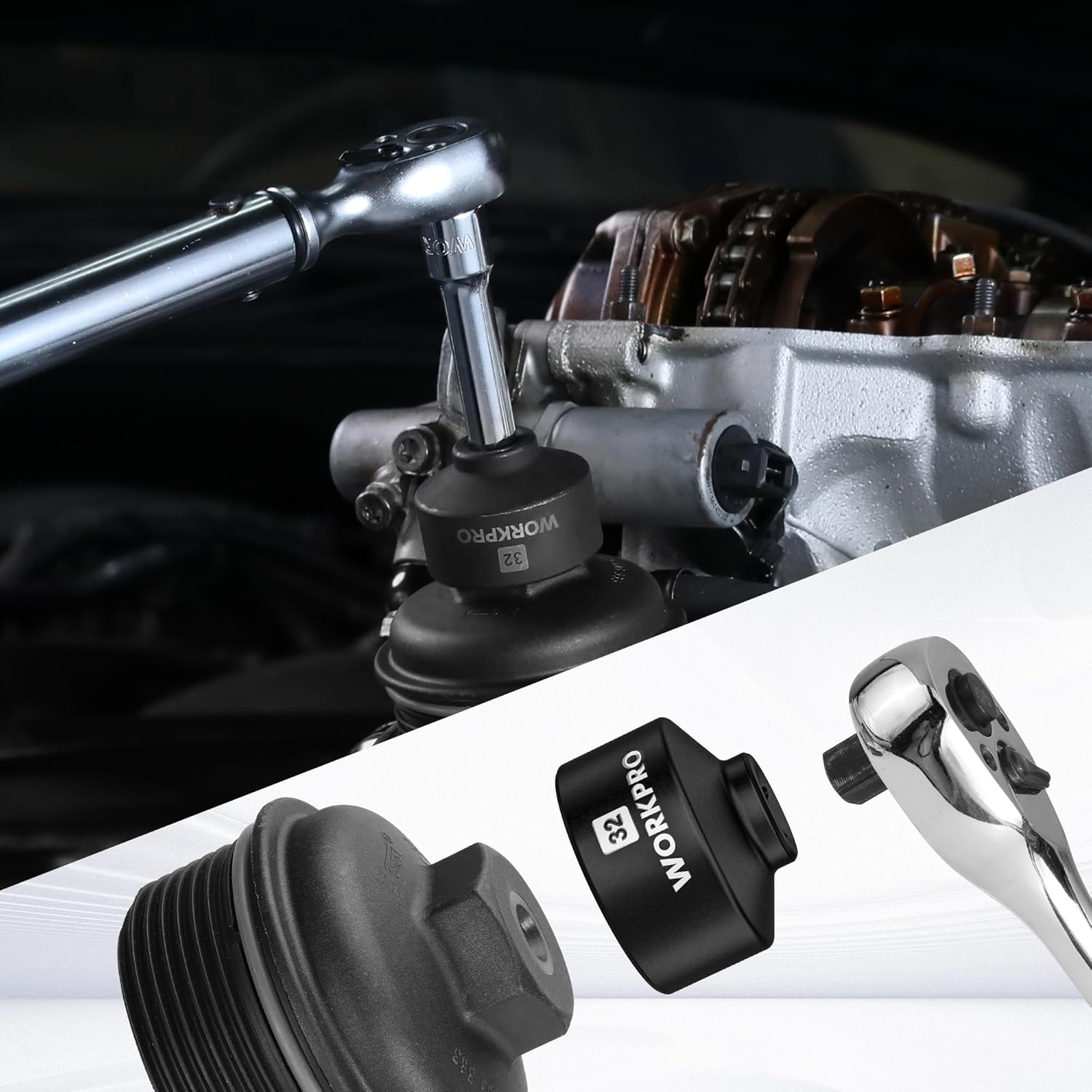 WORKPRO 32mm oil filter socket wrench attached to ratchet handle