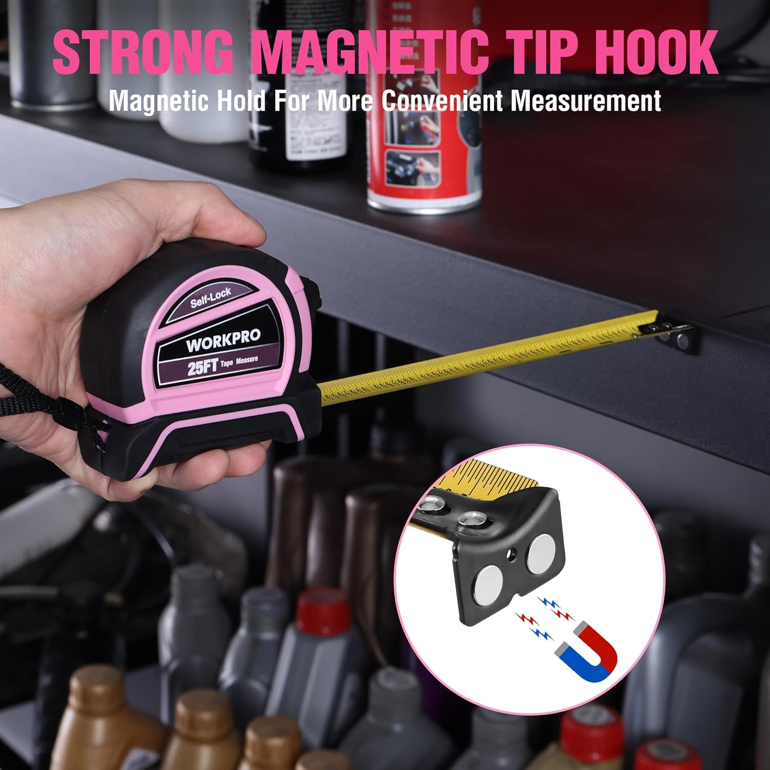 Pink tape measure with strong magnetic tip hook for convenient measurements