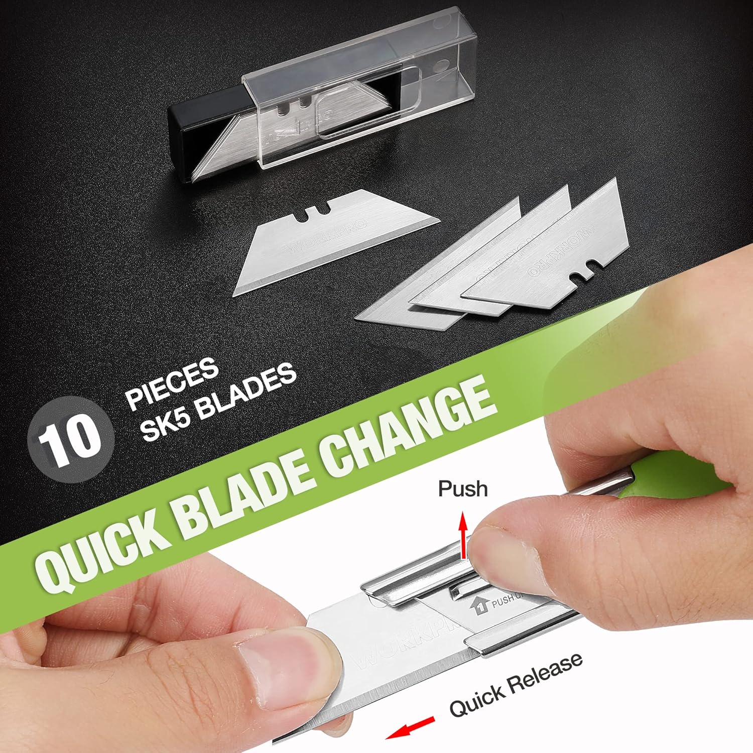 Utility knife blade box and quick-change mechanism with spare SK5 blades