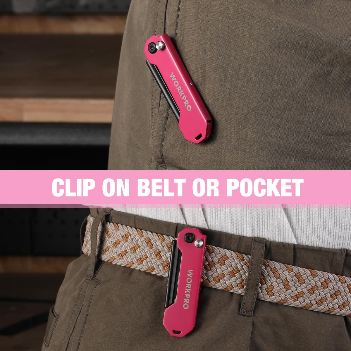 Pink folding utility knife clipped to a pants pocket