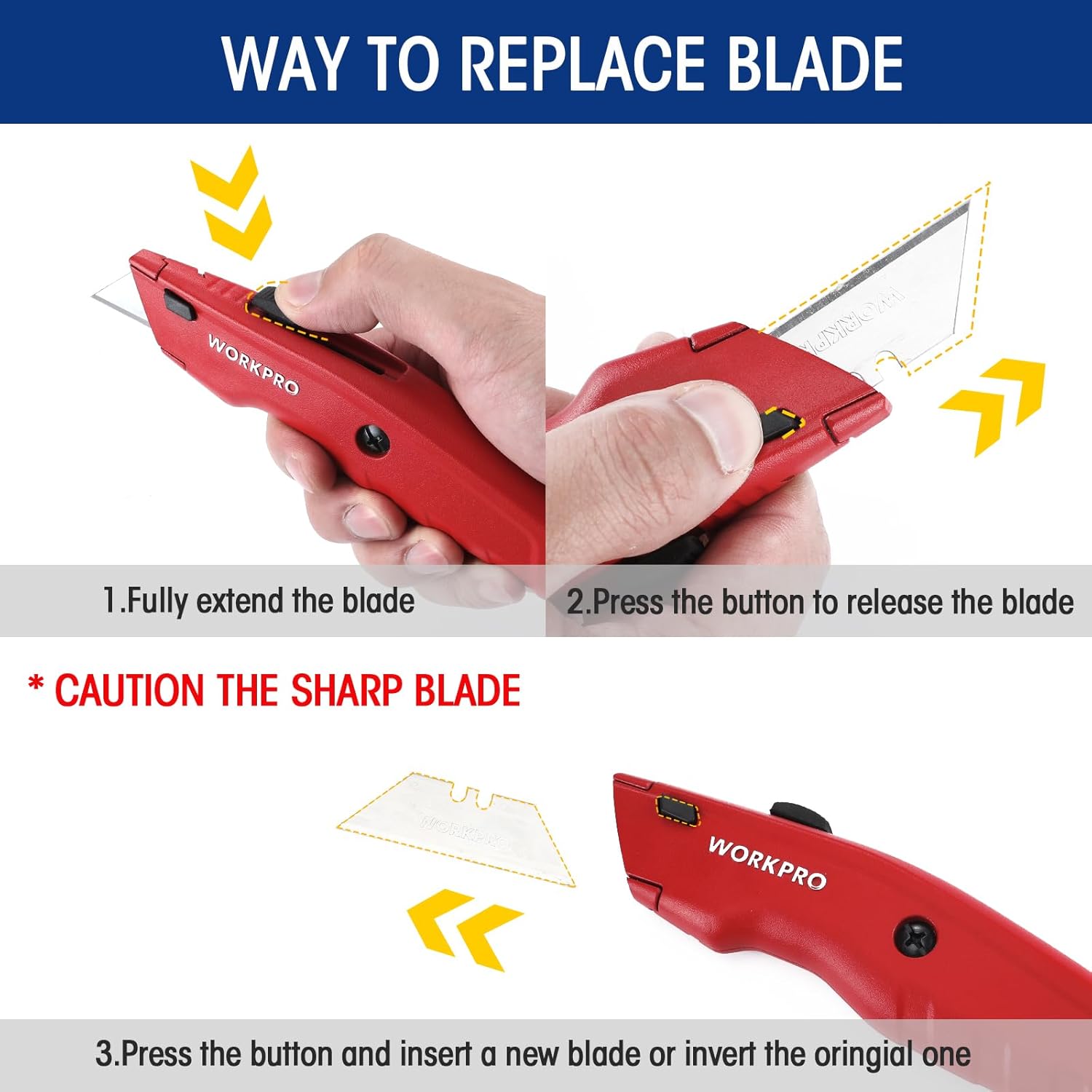 Red retractable utility knife held in hand, showing blade release for replacement