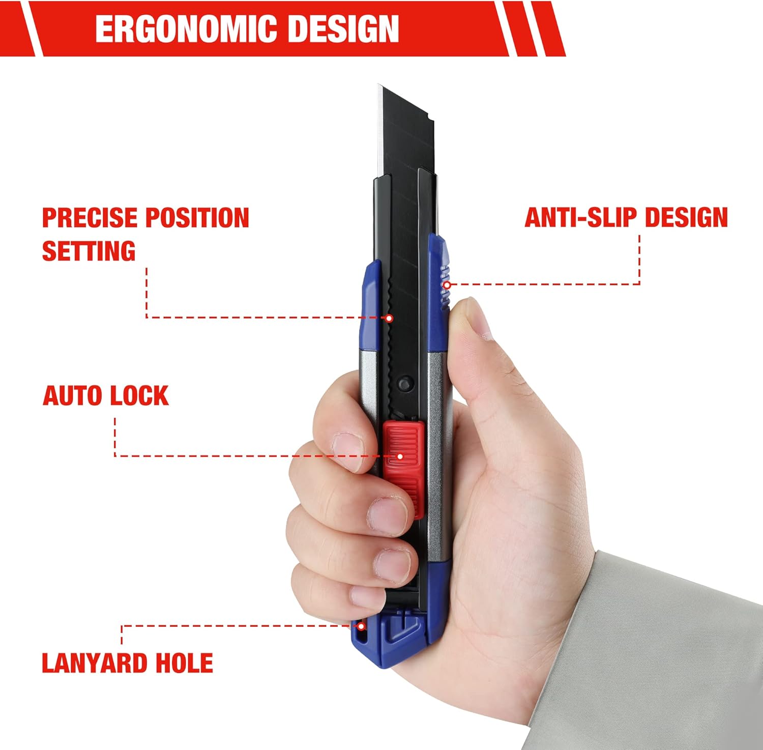 Retractable utility knife with ergonomic grip, auto-lock, and lanyard hole