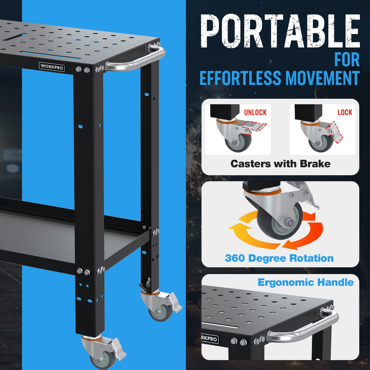 Portable welding table side view with perforated top, curved handle, and swivel casters