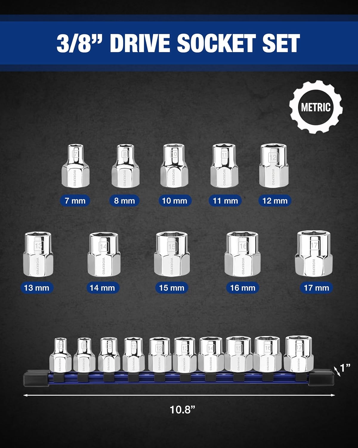 3/8 in drive metric socket set with 10 chrome sockets on rail, sizes 7–17 mm