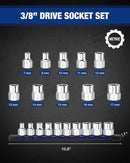 WORKPRO 3/8" Drive Socket Set, 10-Piece Metric CR-V Socket Set with Rail | Standard & Shallow Sockets, External Hex Socket, 7mm to 17mm, 6-Point, Size Markings, PVC Socket Organizer, for Auto Repairs