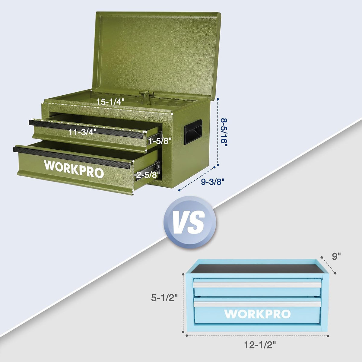 WORKPRO 15-Inch Metal Tool Box with 2 Drawers & Top Storage, Green