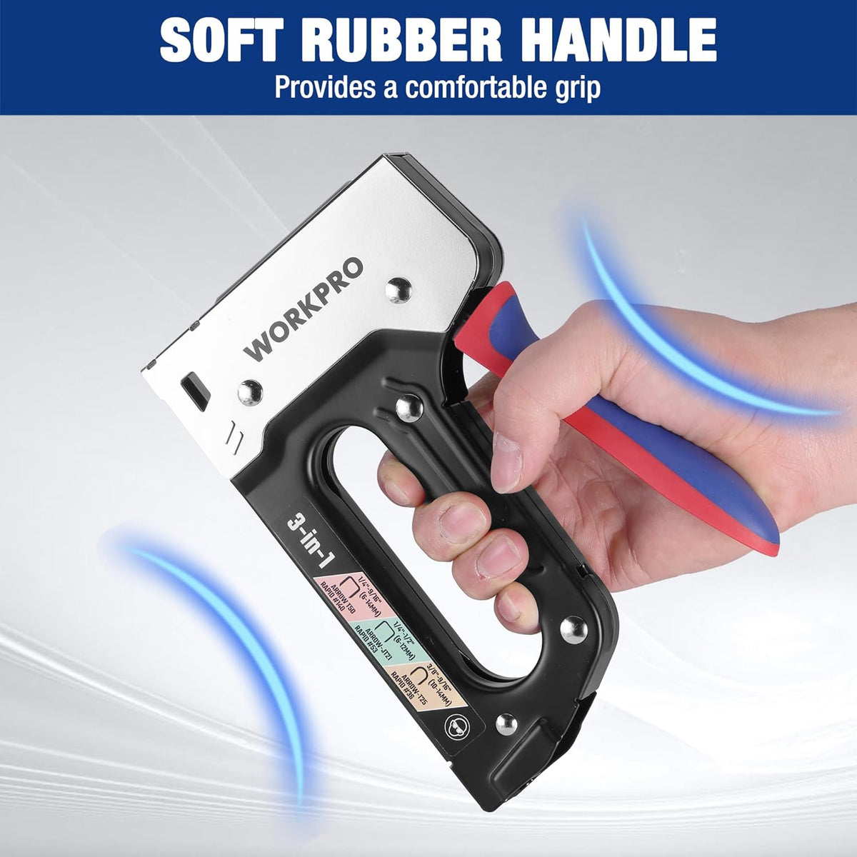 3-in-1 staple gun with soft rubber handle and front loading nose held in hand