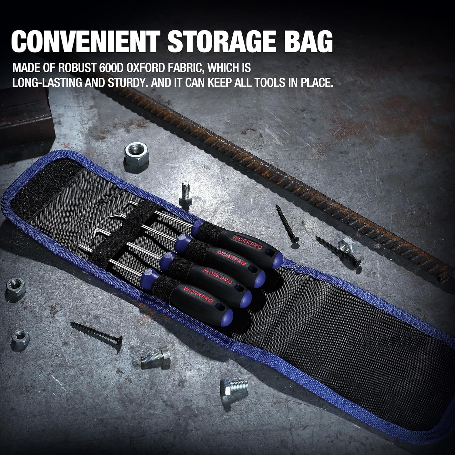 4-piece mechanic picks and hooks arranged in a blue storage bag with open flap