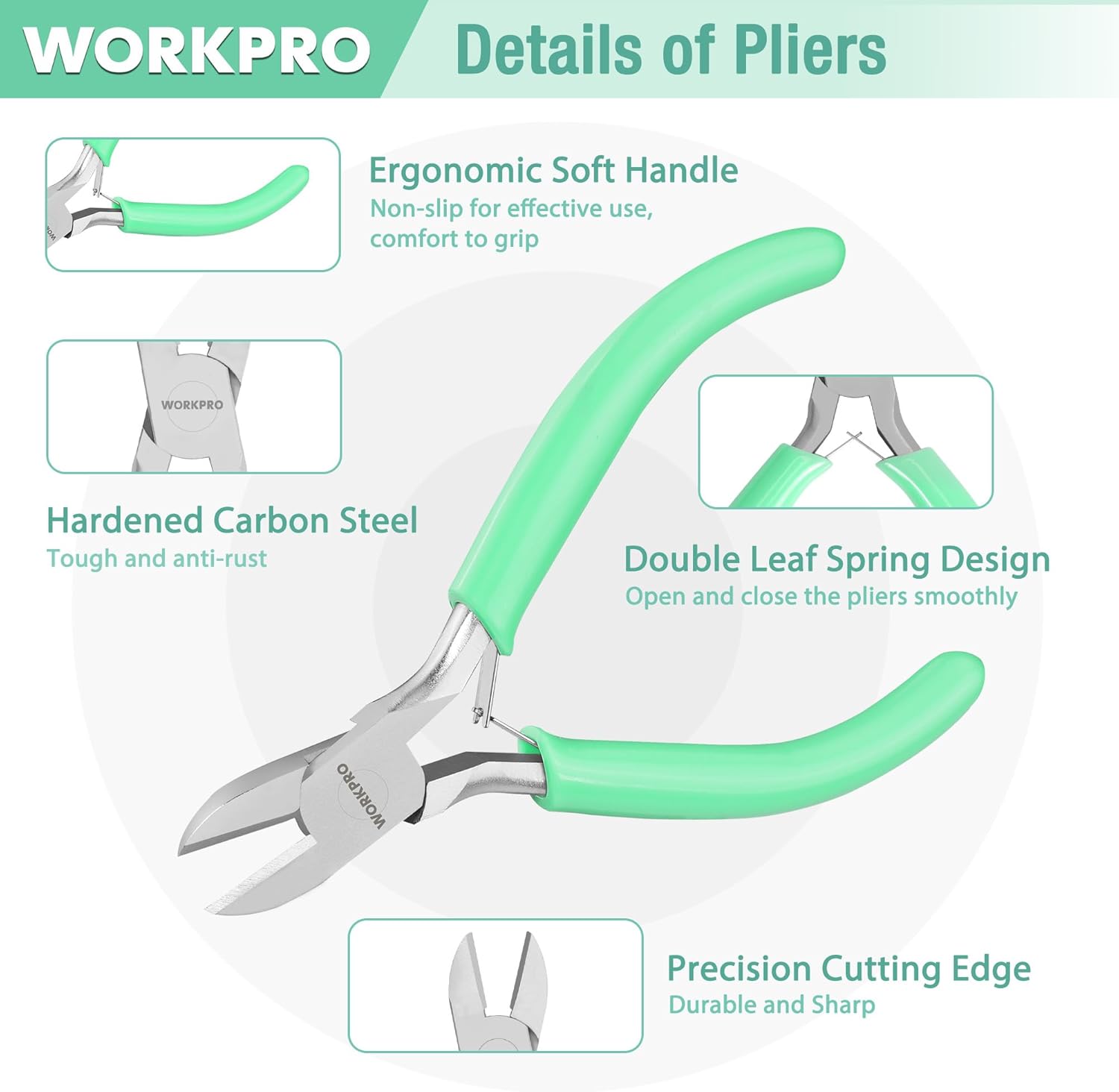 Mini jewelry pliers with green ergonomic handles and precision cutting edges