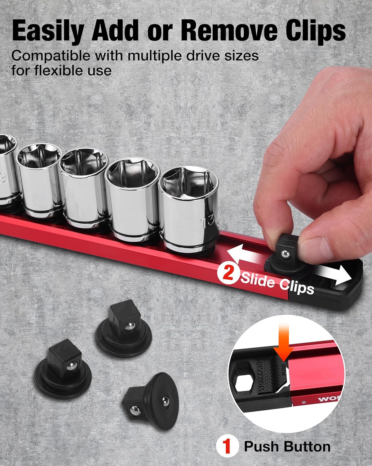 Magnetic socket organizer rail with black slide clips and aluminum socket holders
