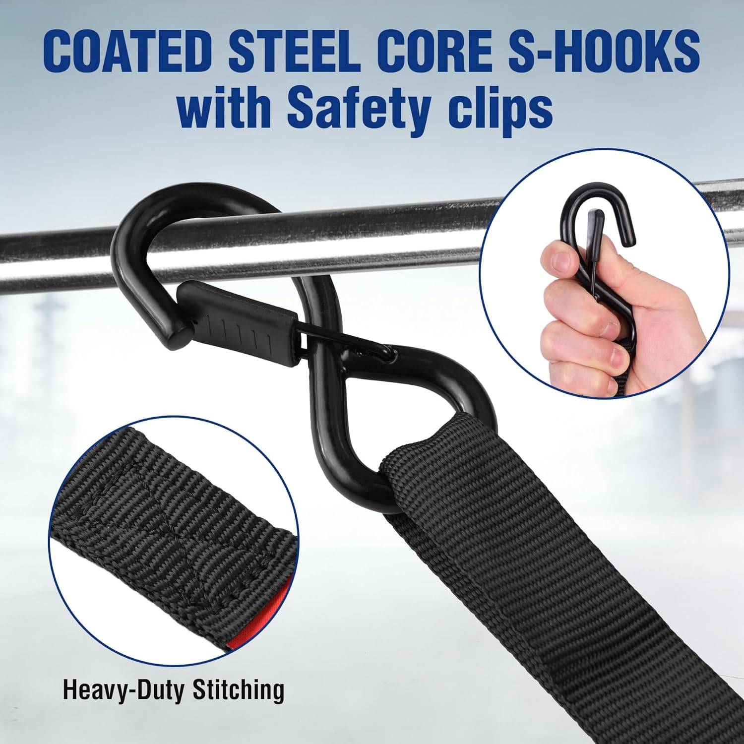 Black S-hooks with safety clips and stitched webbing on ratchet tie-down strap