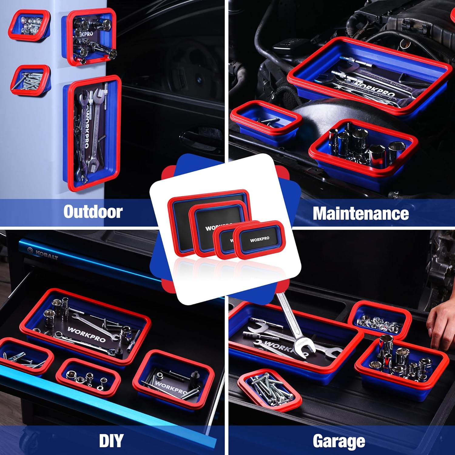 Red-and-blue magnetic parts trays arranged for garage maintenance and DIY