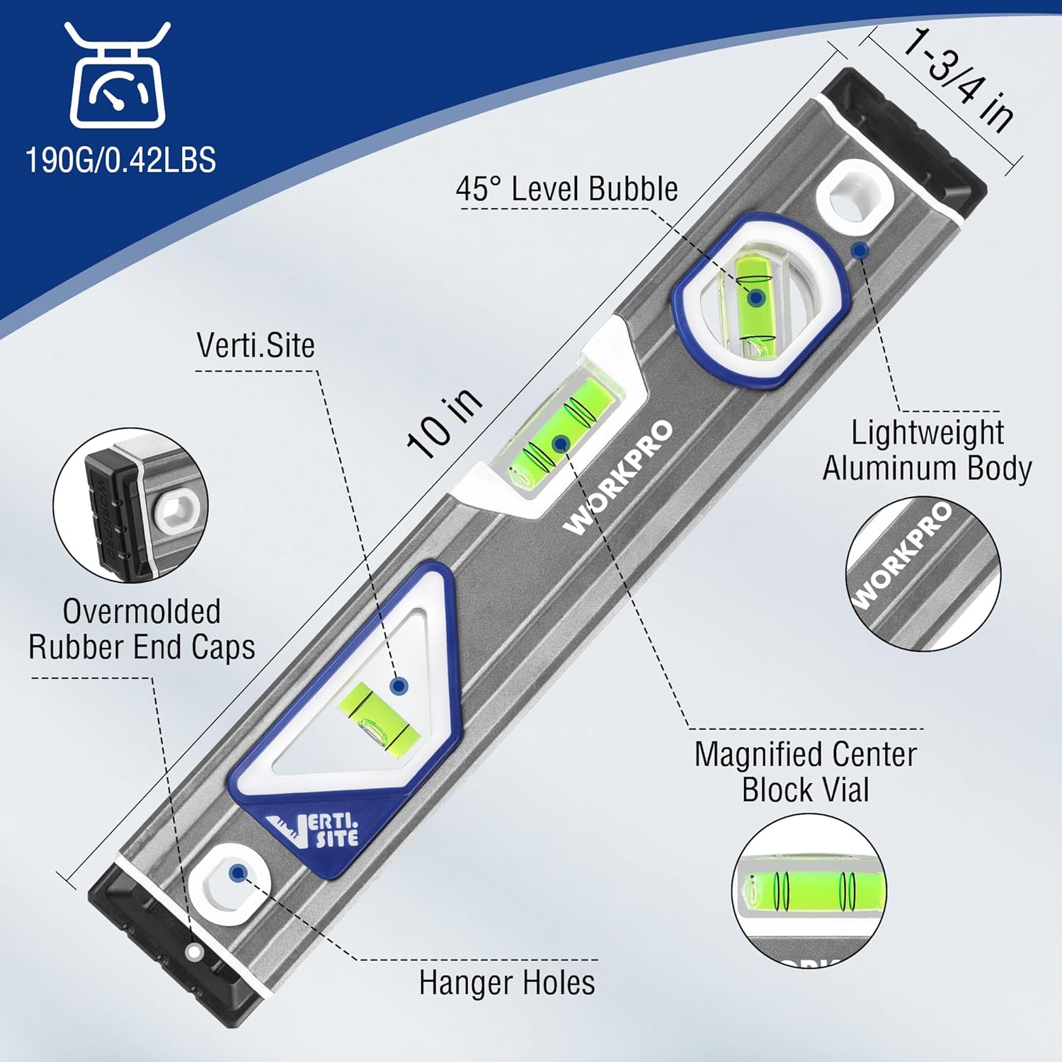 WORKPRO 10-inch torpedo level with three bubble vials (45°, 90°, 180°) and V-groove