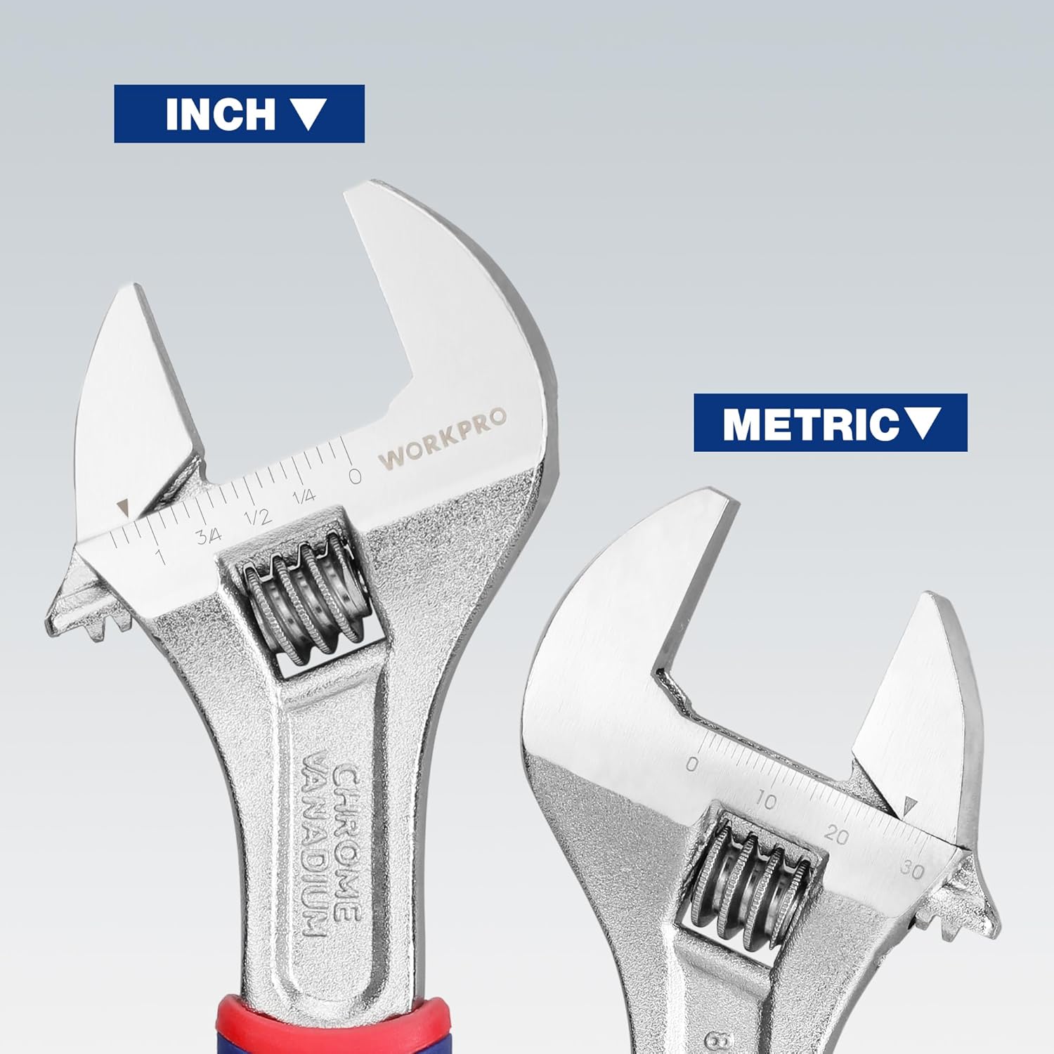Adjustable wrench with inch and metric markings on jaws, chrome finish and blue/red grip