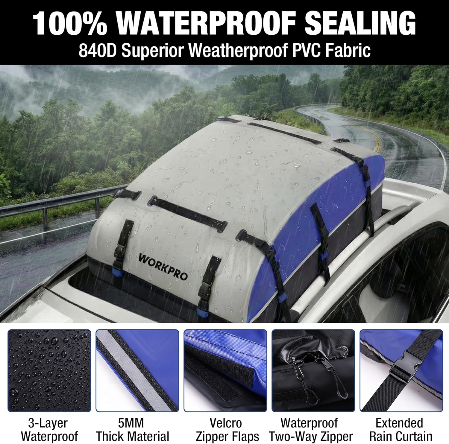 Waterproof rooftop cargo carrier bag on roof rack, water droplets visible