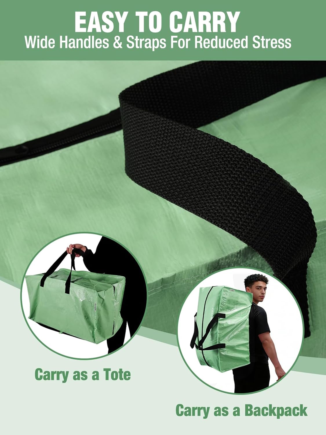 Green moving bag with wide black carry handles and zipper edge, close-up