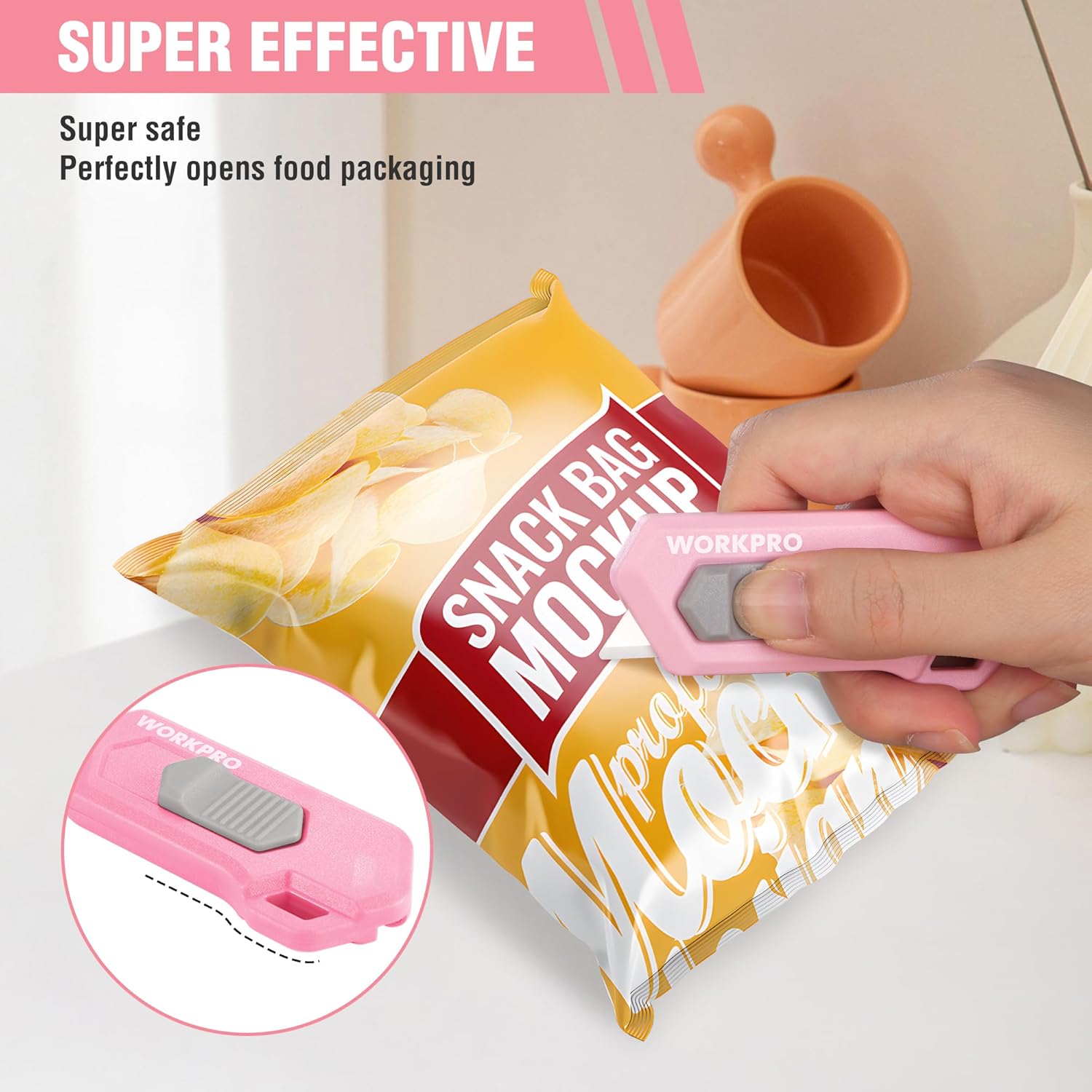 Pink safety box cutter opening a snack bag