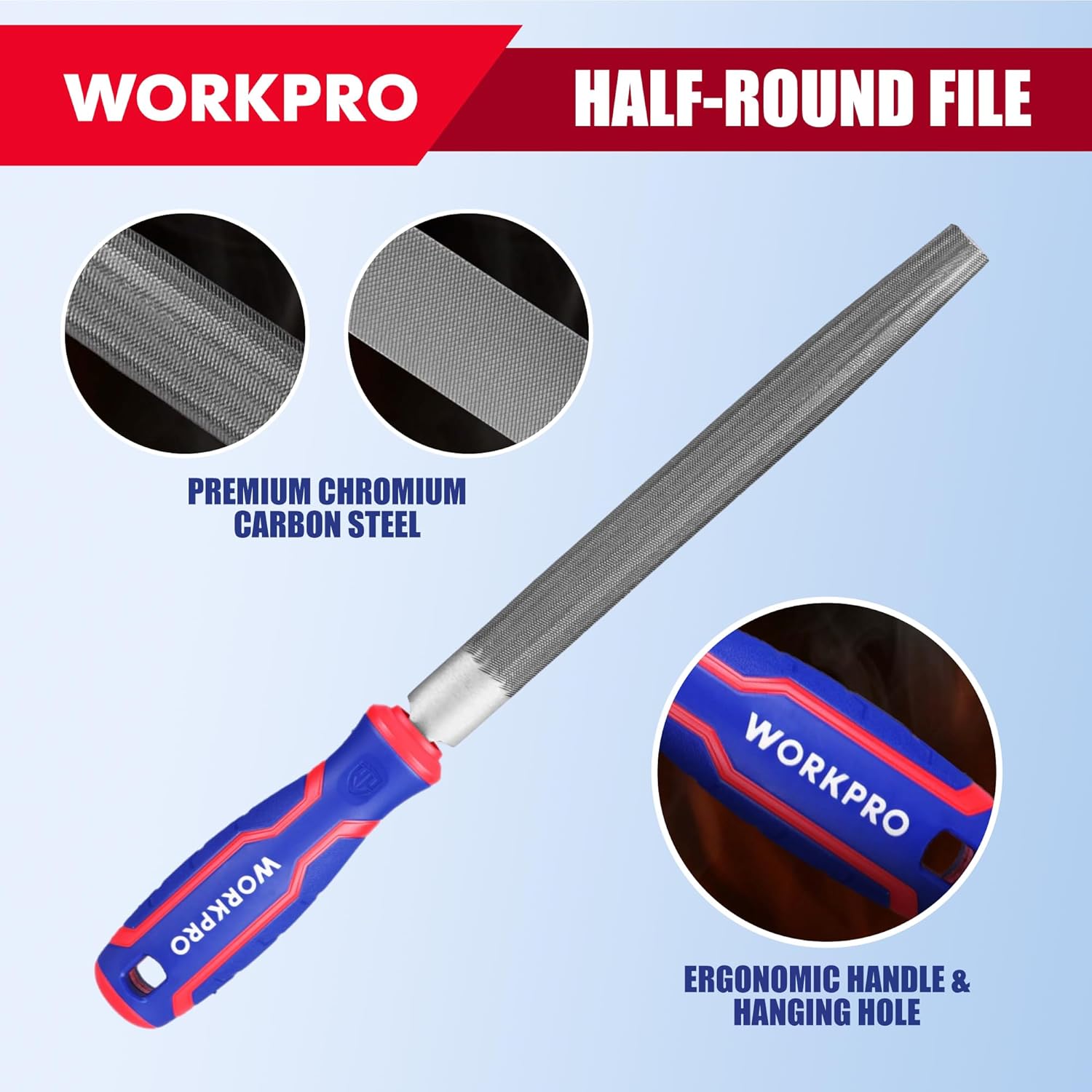 Half-round metal file with gray blade and red-blue ergonomic handle and hanging hole