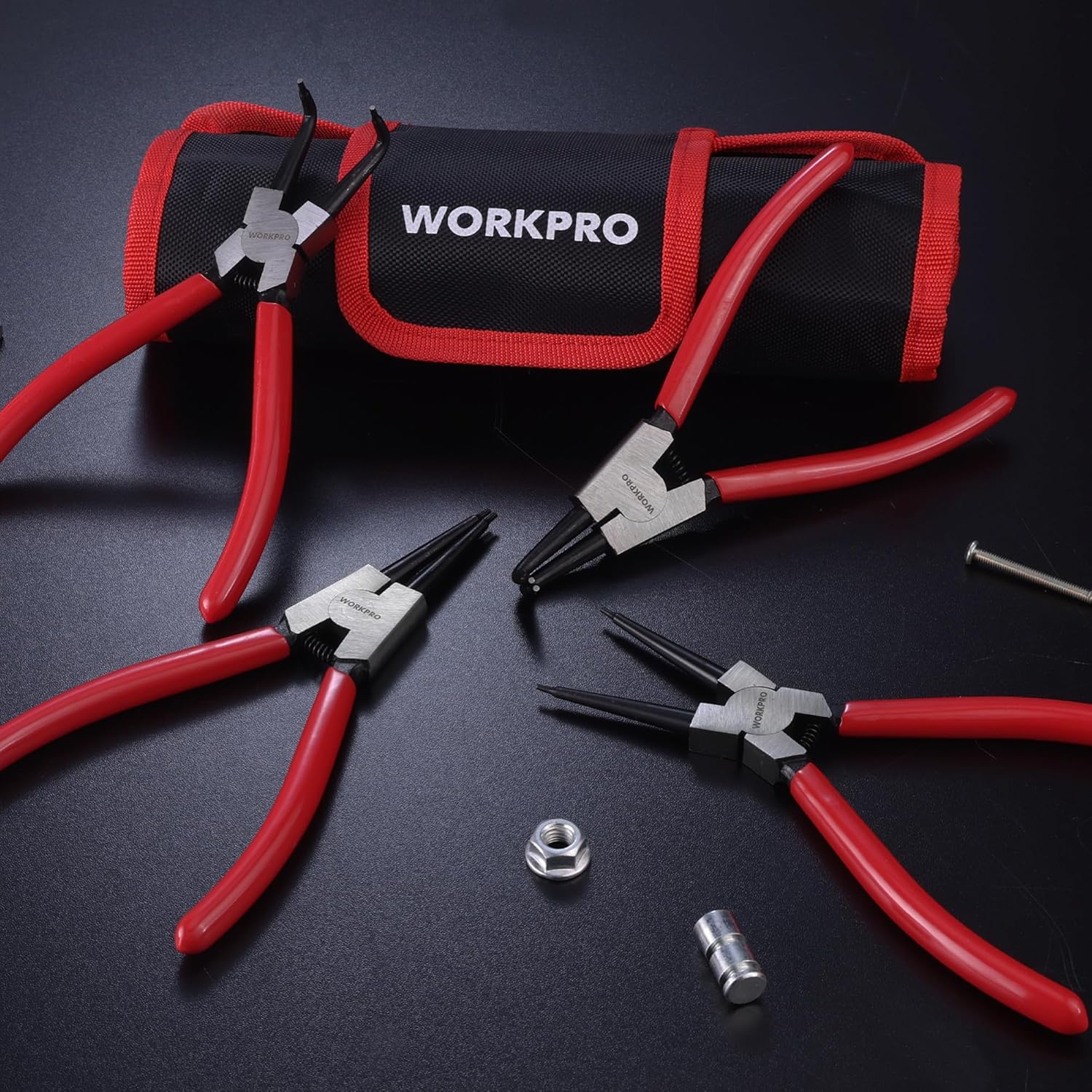 Snap ring pliers kit with red-handled tools and black red storage case