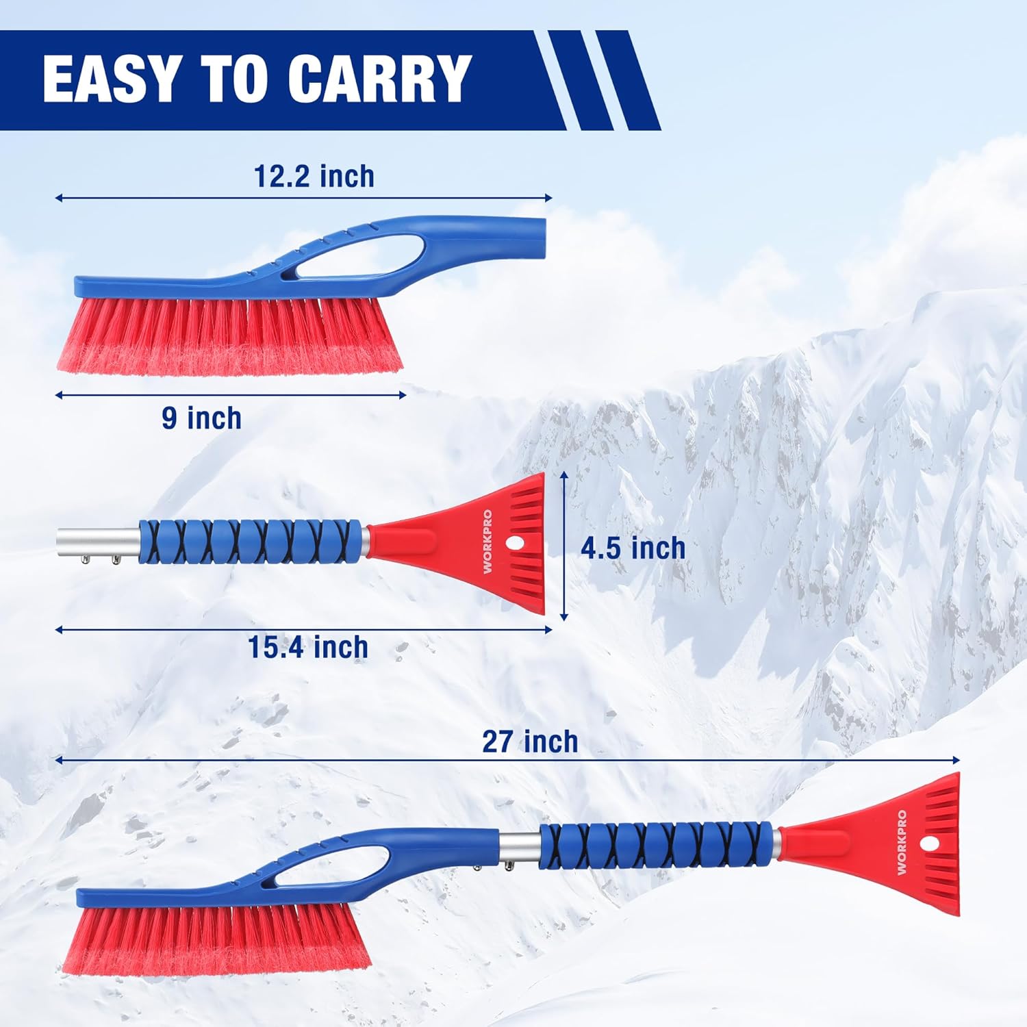 27-inch 2-in-1 snow brush and ice scraper set with blue and red heads