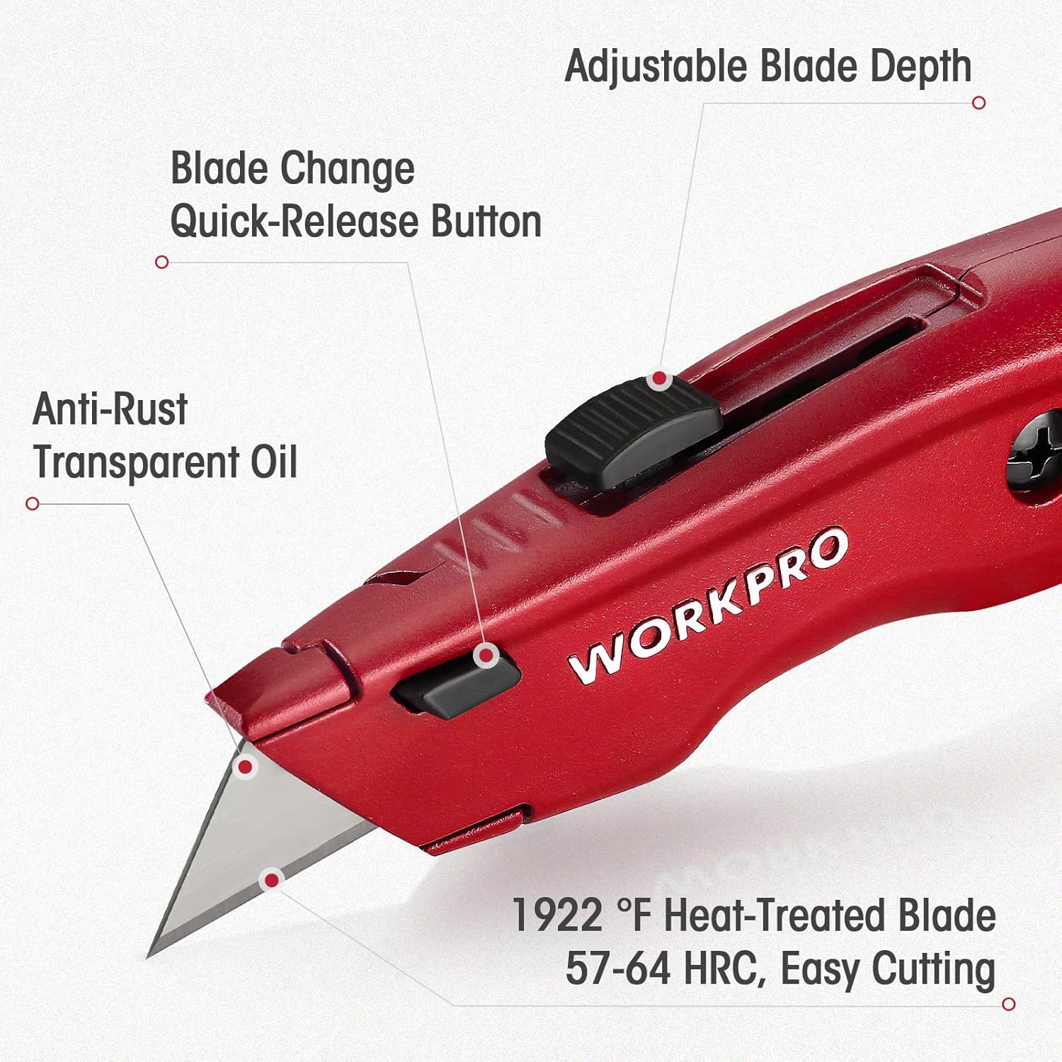 WORKPRO red retractable utility knife with adjustable blade depth and quick-release button