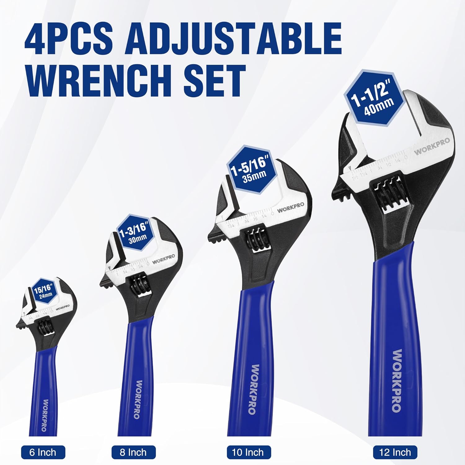 WORKPRO 4-piece adjustable wrench set: 6, 8, 10 and 12 inch wrenches with blue handles