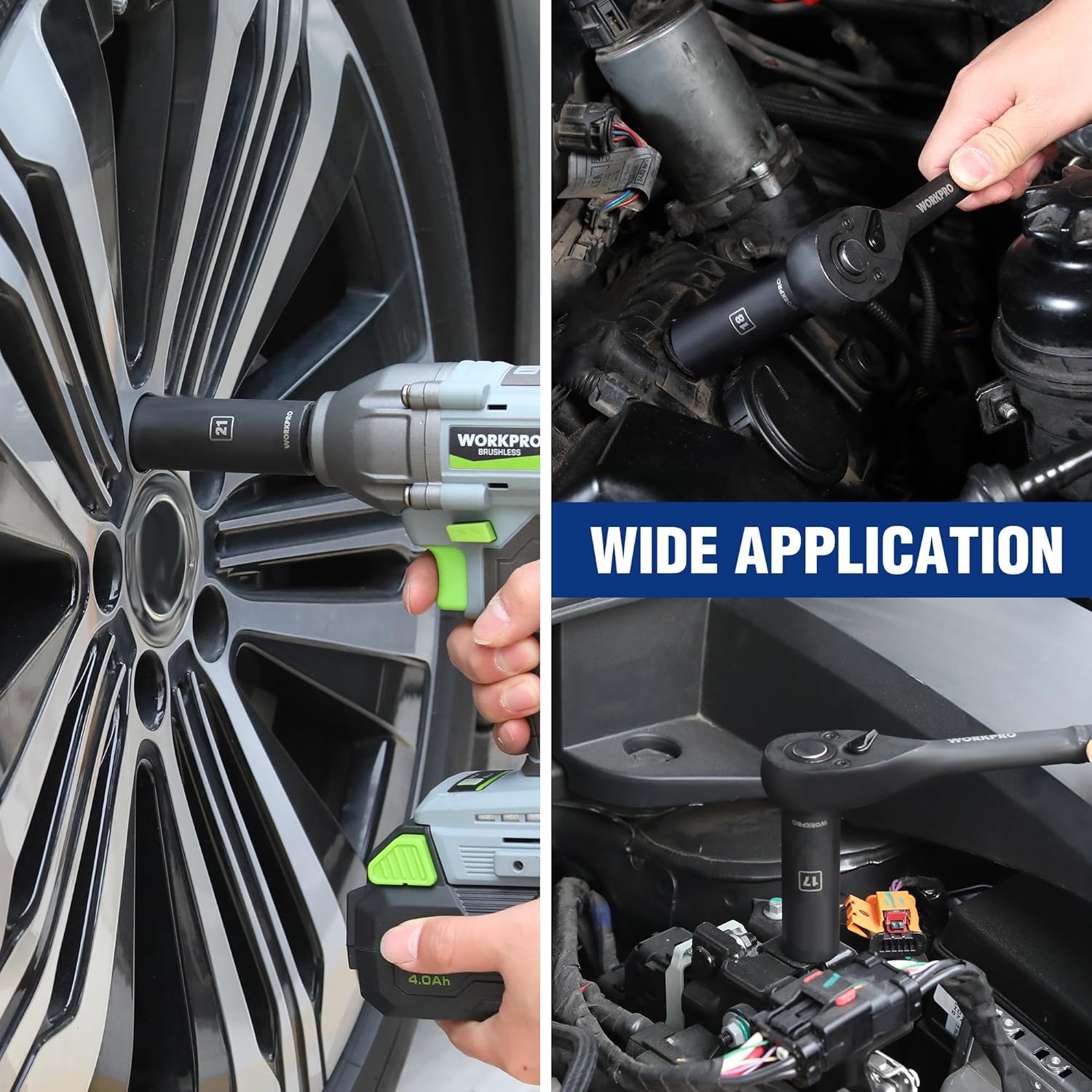 Black deep impact sockets used with power tools for automotive repair tasks