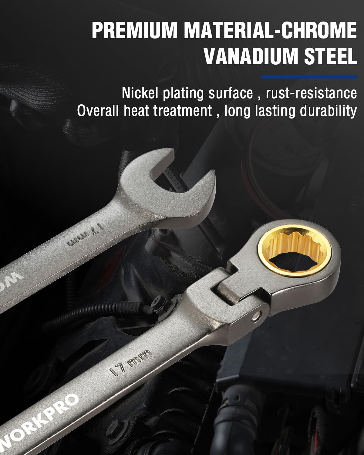 Nickel-plated 17 mm ratcheting combination wrench with 12-point box end and open end