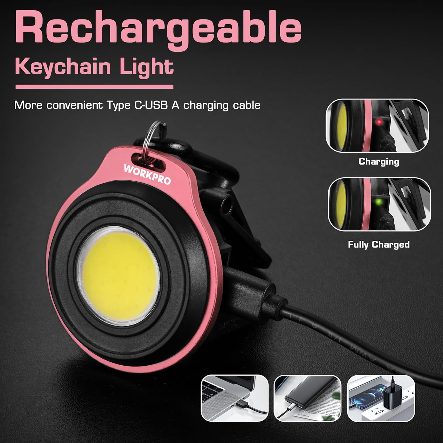 Pink rechargeable keychain flashlight connected to USB charging cable