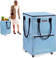 Medium rolling grocery bag in blue with black dual handles, wide top zipper, and 4 wheels