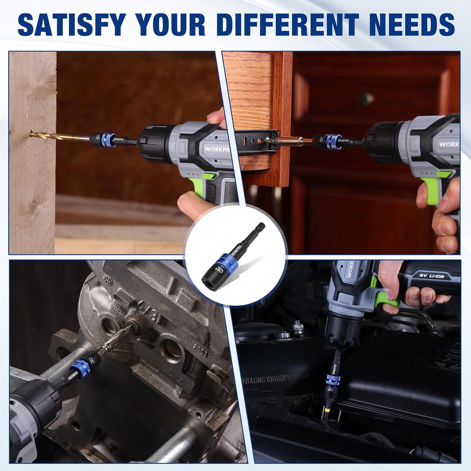 Bit extension adapter connected to an impact driver and socket for drilling tasks