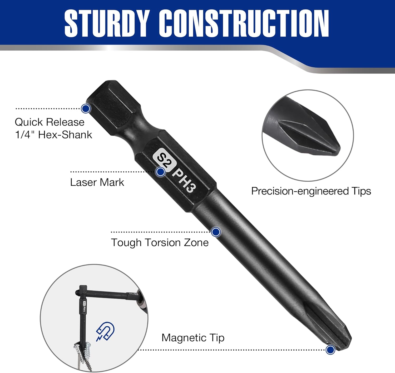 WORKPRO 1/4 in hex shank magnetic screwdriver bit with S2 PH tip and laser marking