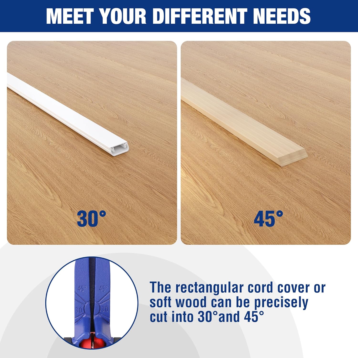 Hose cutter making 30° and 45° angled cuts on a rectangular cord cover