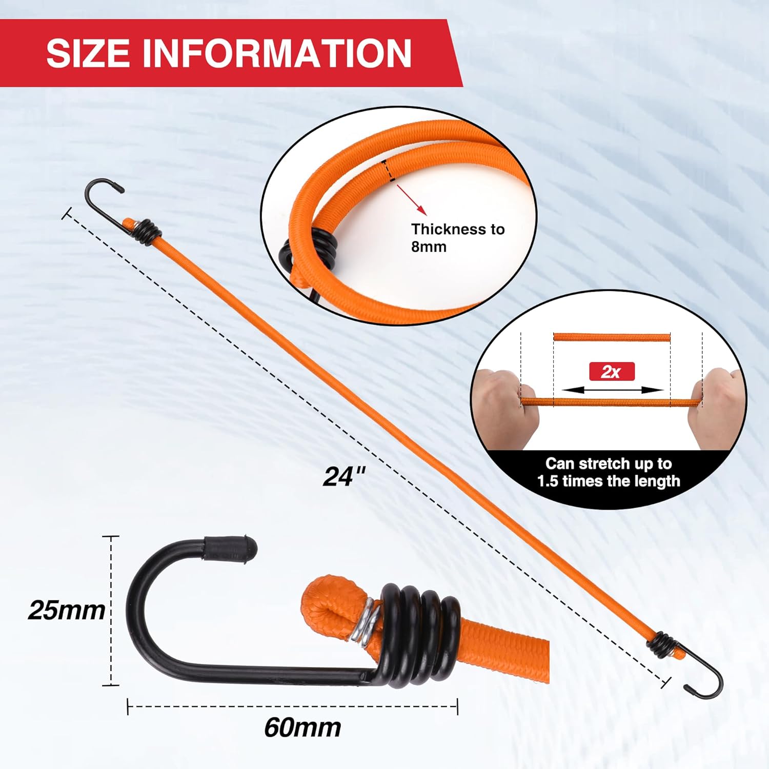 Orange bungee cord with black U-shaped hooks, 24-inch elastic strap rope