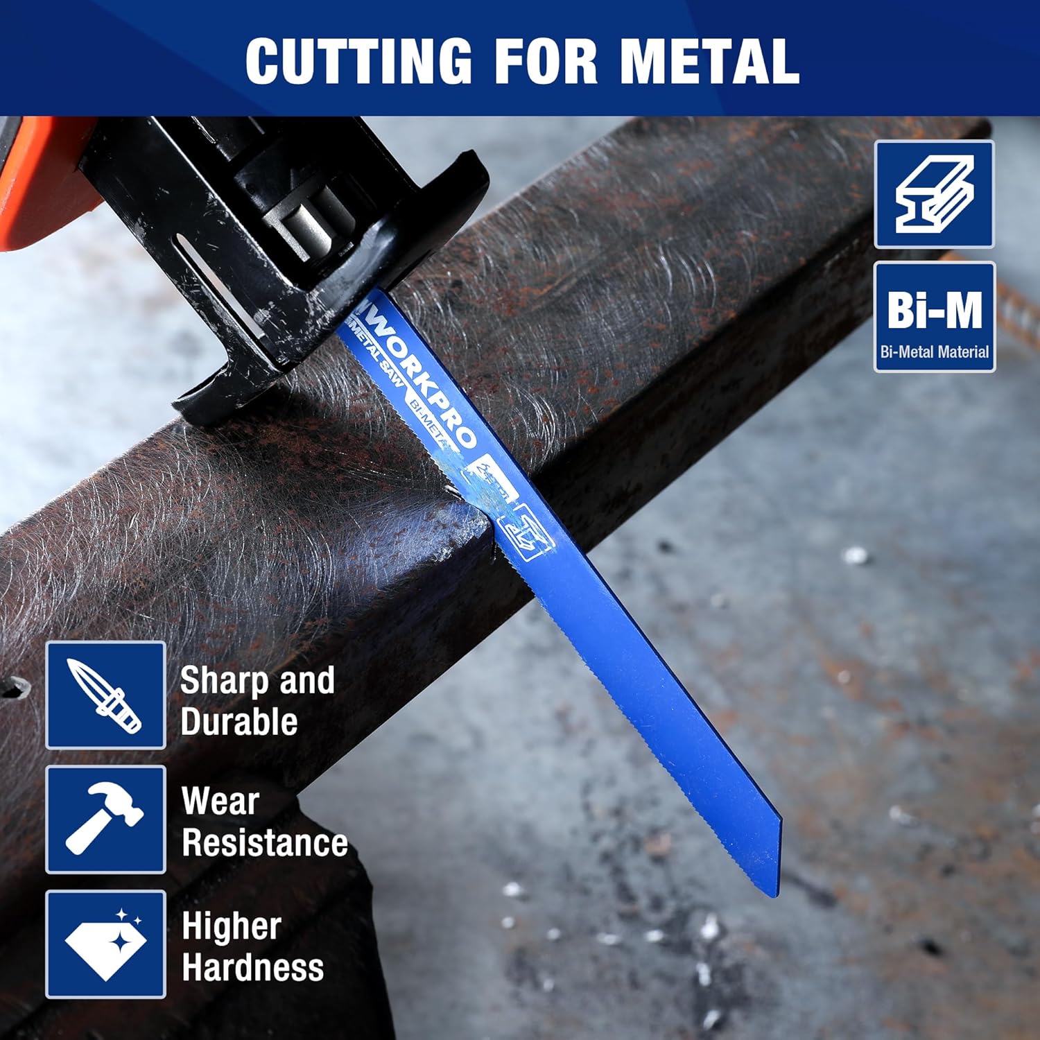 Bi-metal reciprocating saw blade cutting a metal pipe