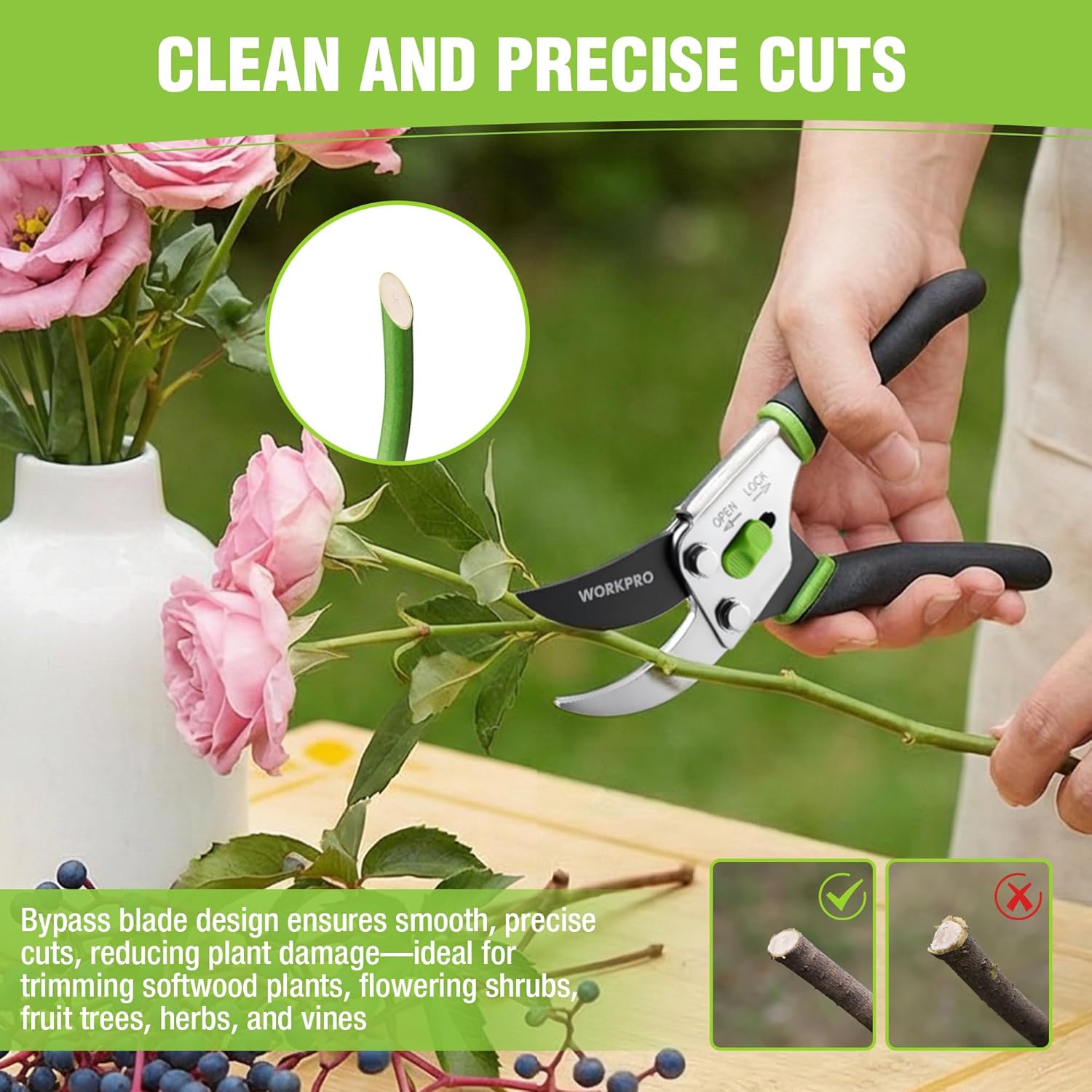 Bypass pruning shears cutting a stem, green-accented grips, curved bypass blades