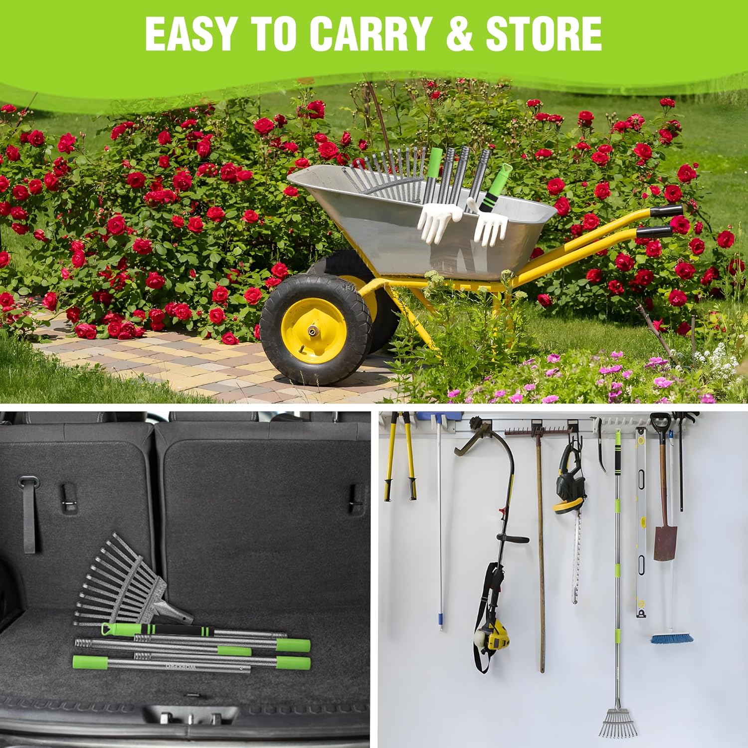 Leaf rake storage set with metal tine rake parts and green-and-black handle sections in case.