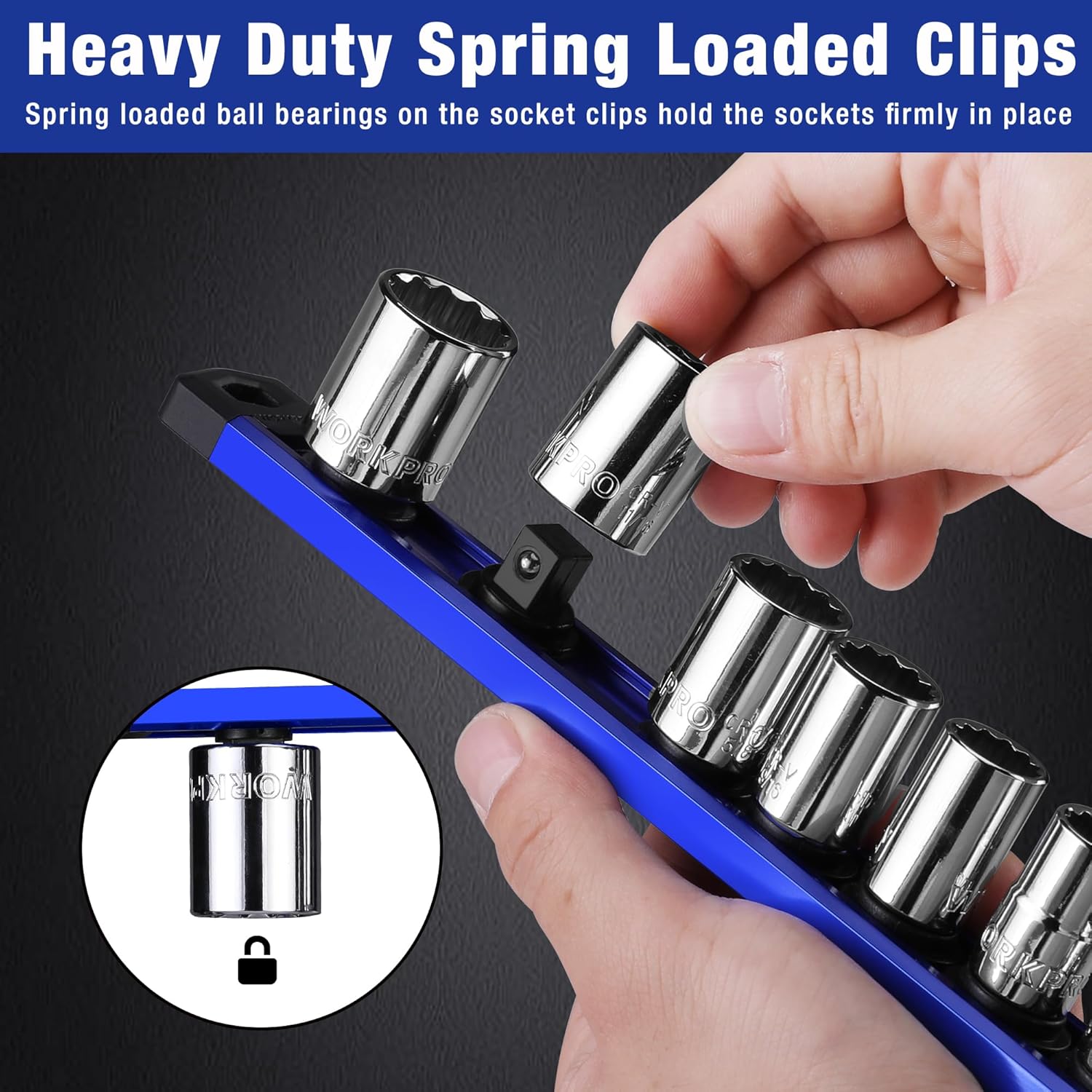 Blue magnetic socket rail with spring-loaded black clips holding sockets