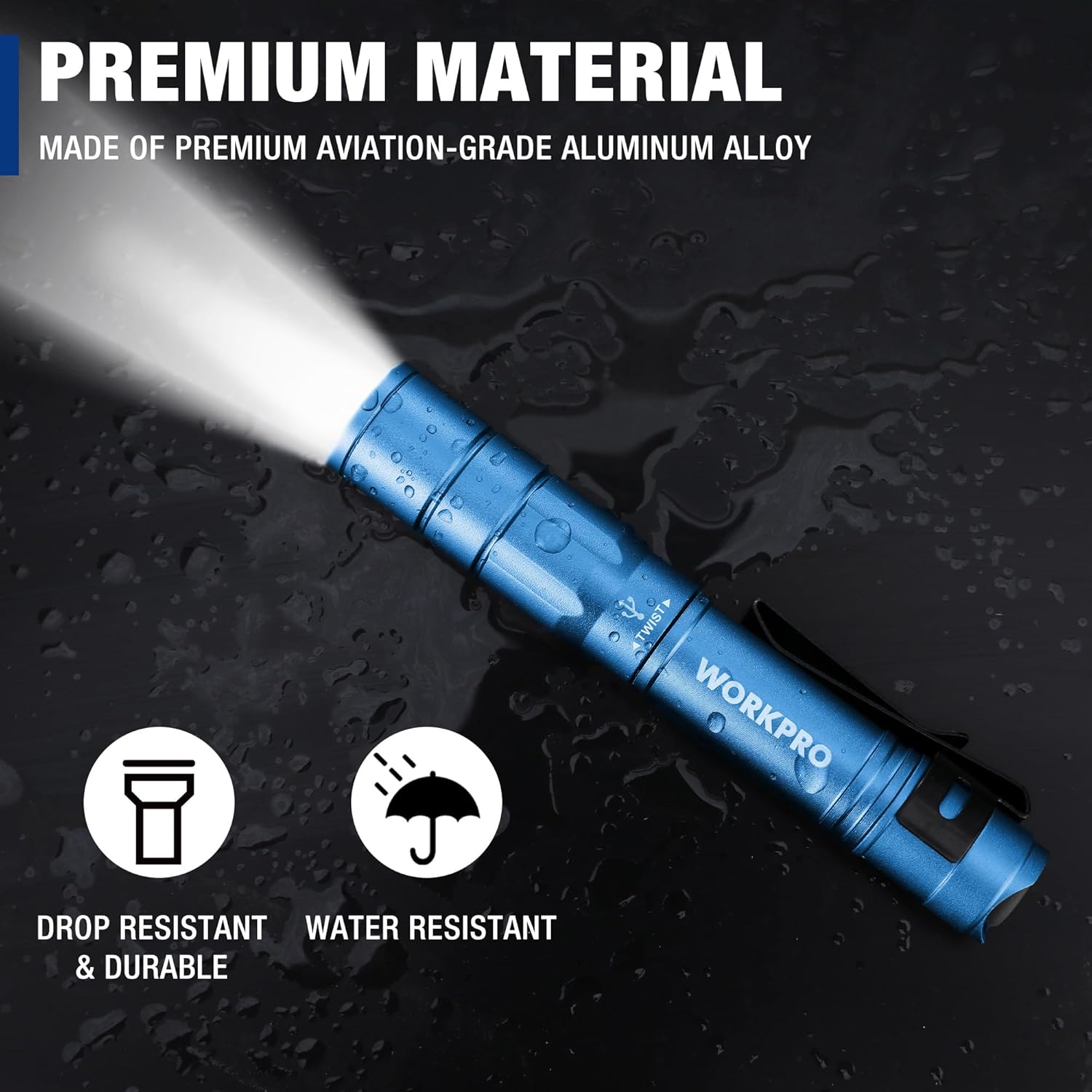 Blue aluminum rechargeable pen light with water-resistant, drop-resistant design.