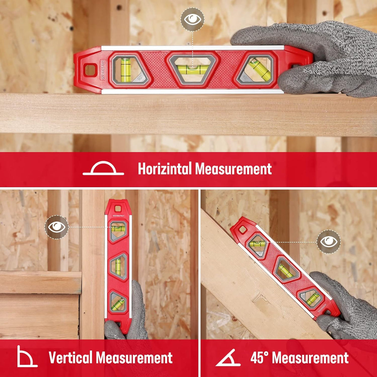 Red torpedo level resting on wooden beam with three vial windows visible.