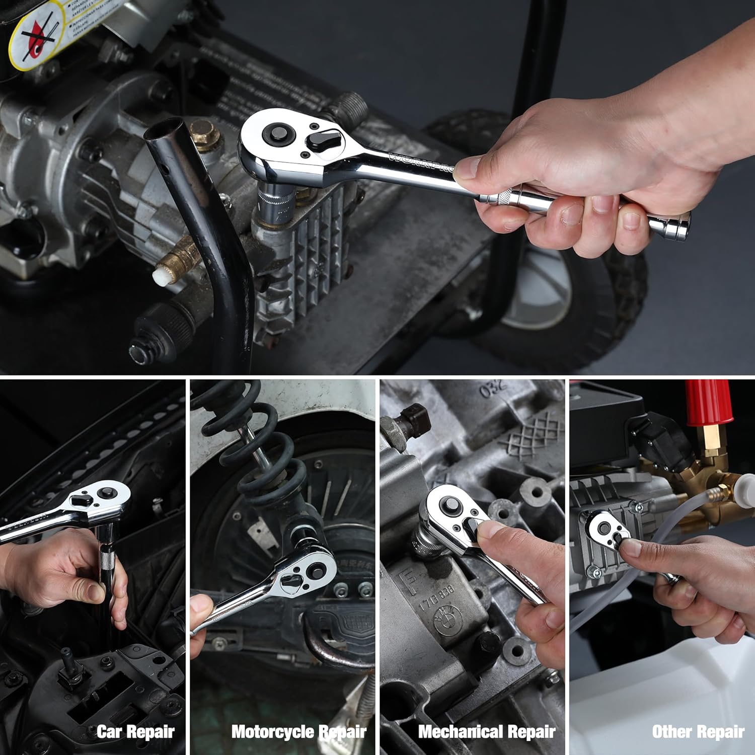 Chrome ratchet wrench in hand with reversible head and socket drive tip
