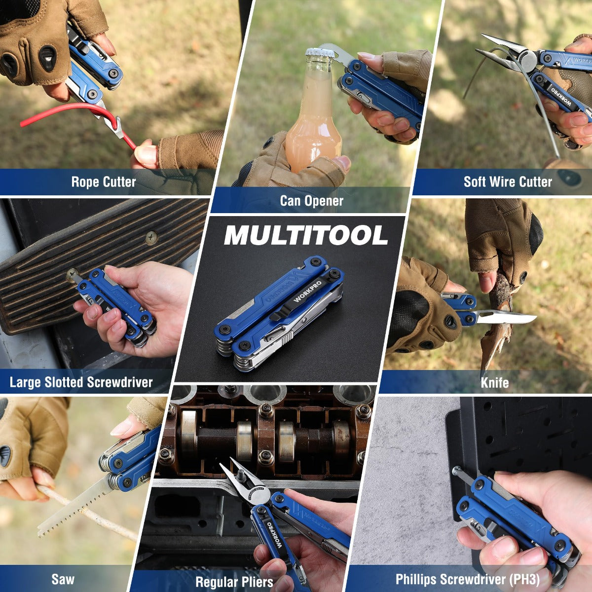 18-in-1 multi tool pliers, blue showing rope cutter, can opener, screwdrivers, and saw