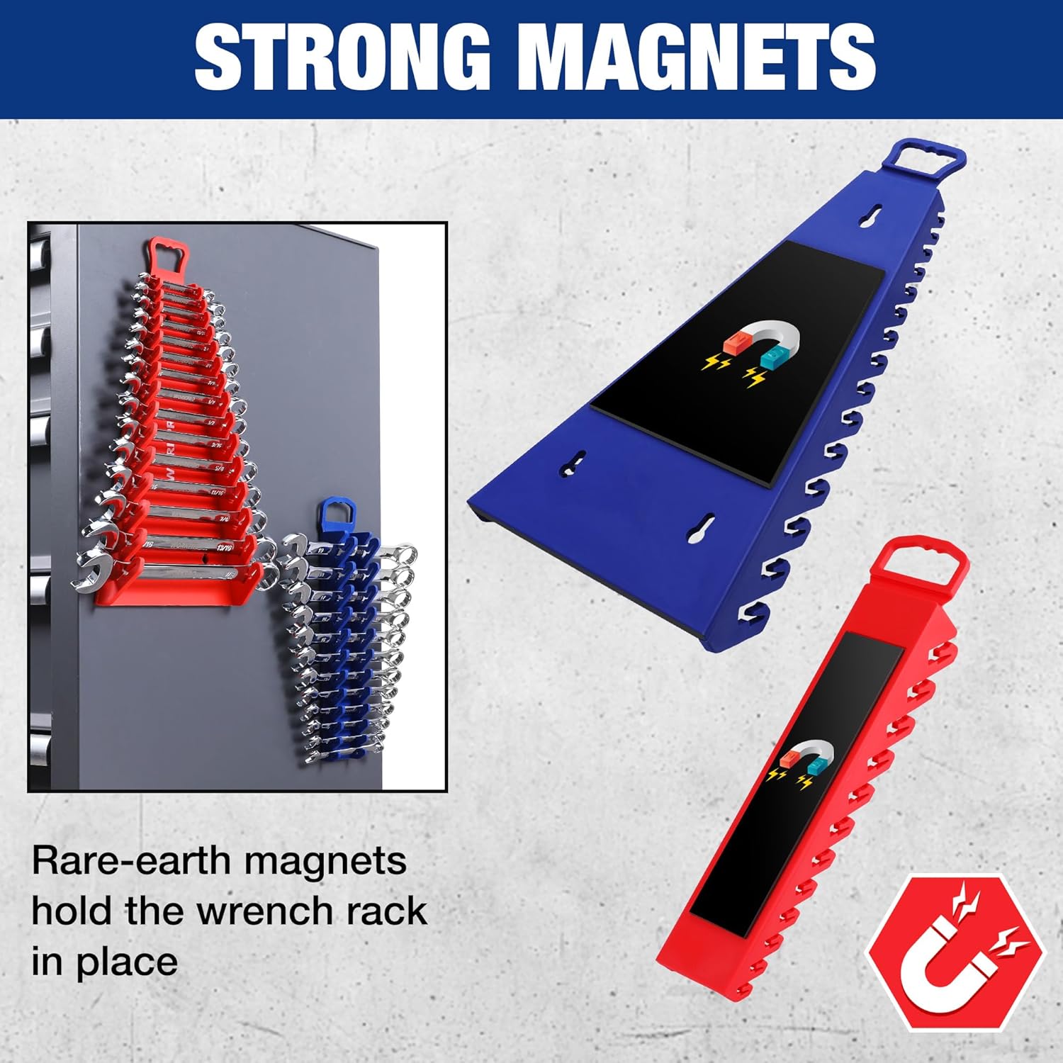 Magnetic wrench organizer set with blue and red holders, toothed grips, strong magnet display
