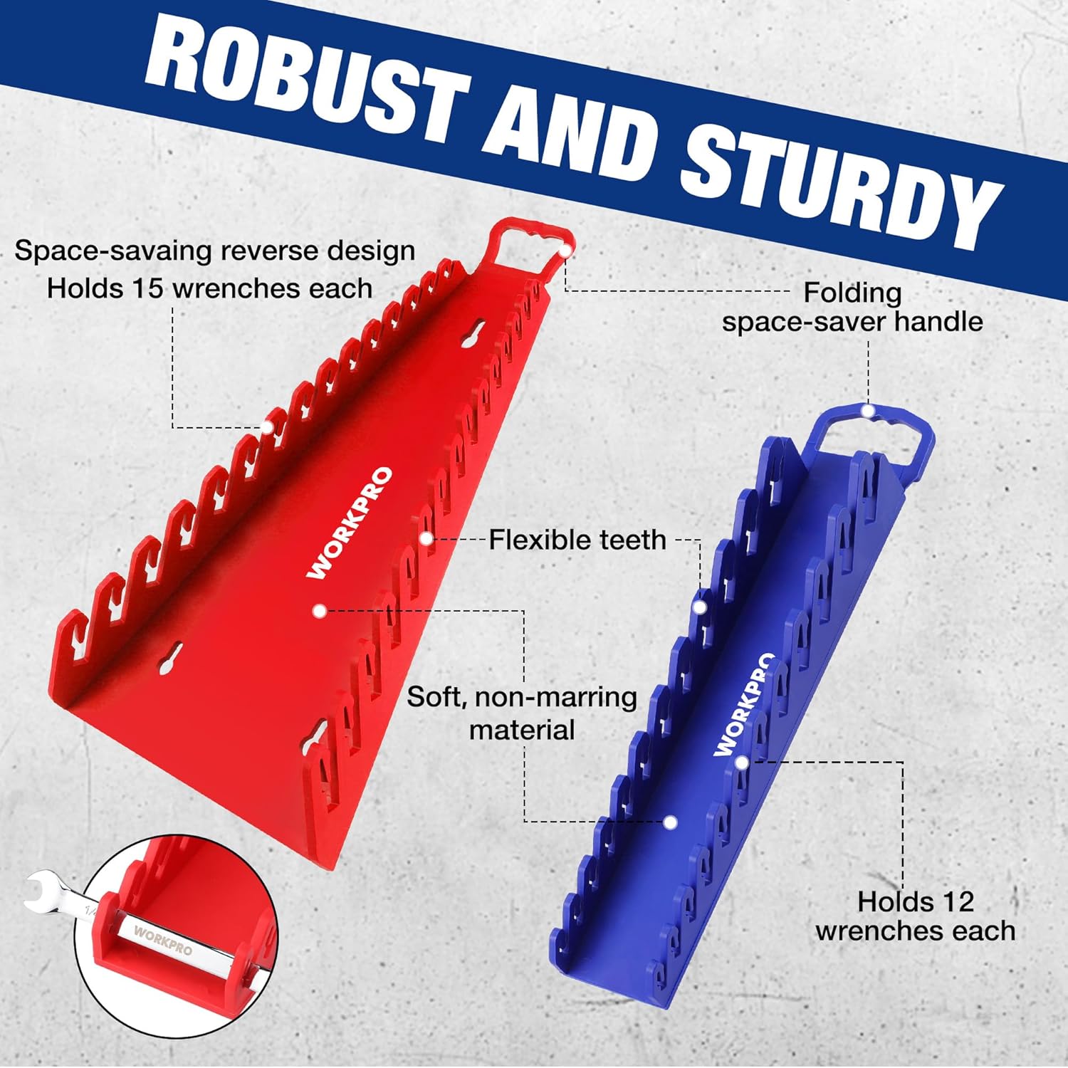Robust magnetic wrench organizer racks, red and blue with folding carrying handles and teeth