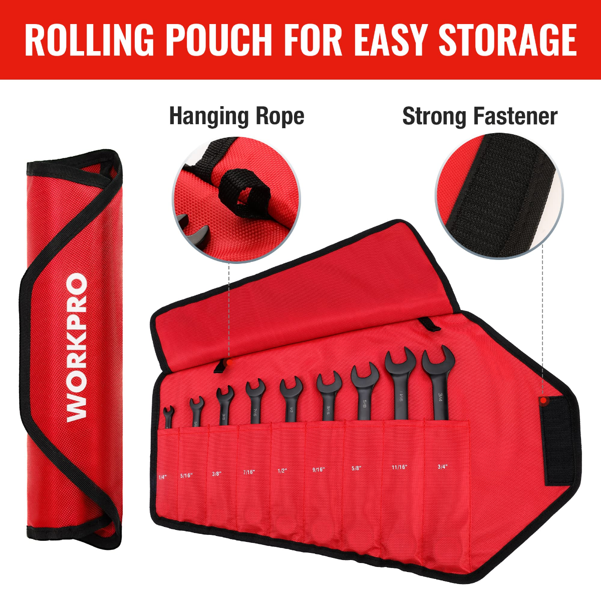 Red rolling pouch with black anti-slip ratcheting combination wrench set