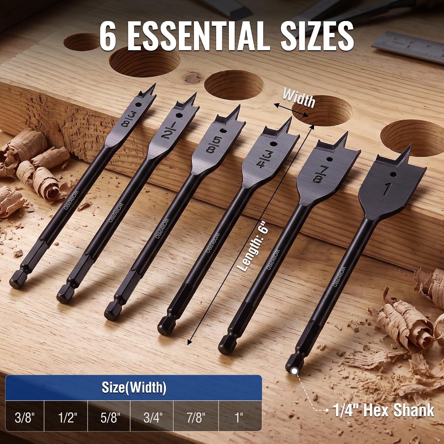 WORKPRO 6-Piece Spade Drill Bit Set, 3/8" to 1", Black