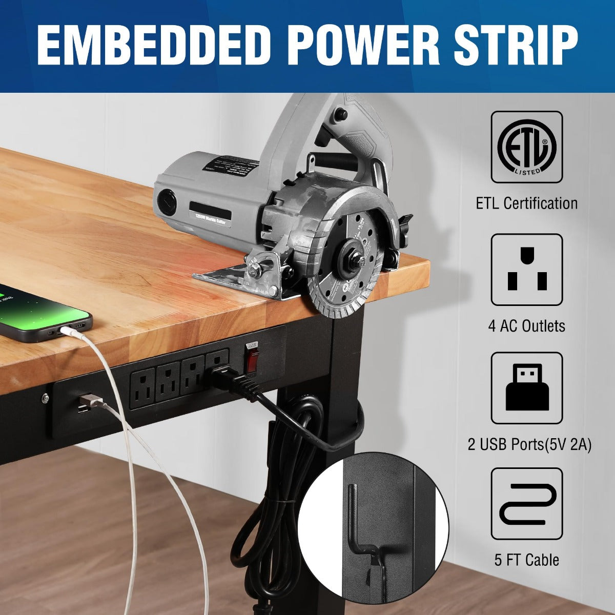 Wood workbench with embedded power strip, 4 AC outlets and 2 USB ports
