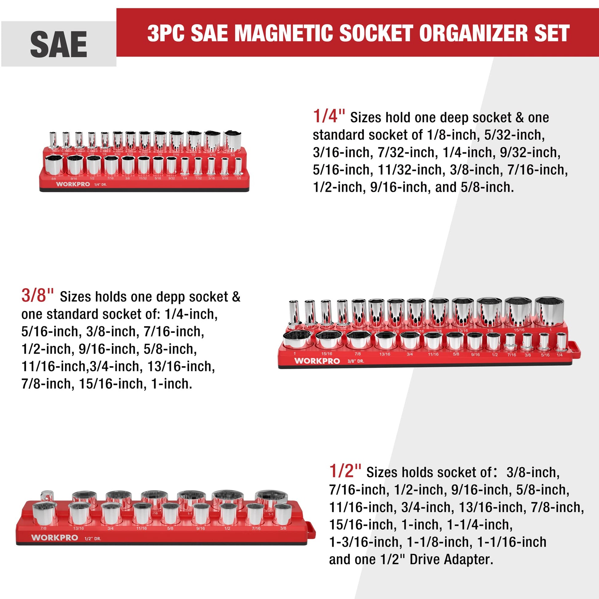 SAE magnetic socket organizer set showing chrome sockets on red trays