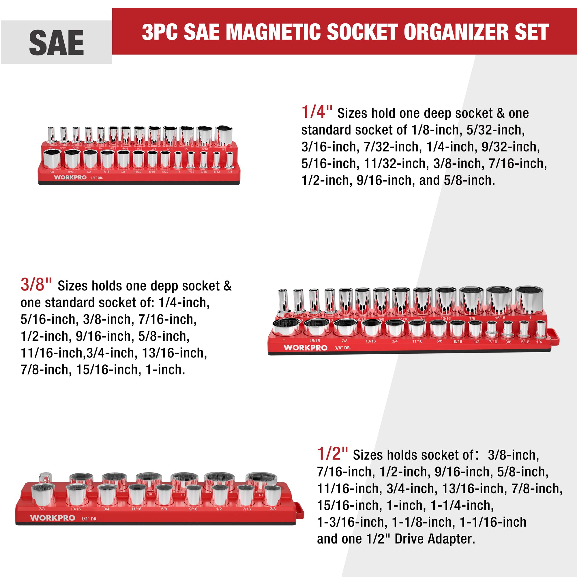 SAE magnetic socket organizer set showing chrome sockets on red trays