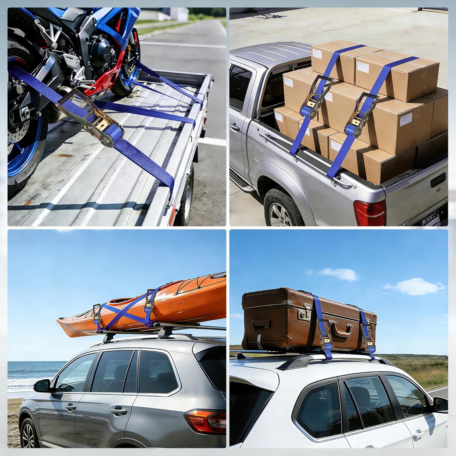 Blue ratchet tie-down straps securing boxes on a truck and roof rack